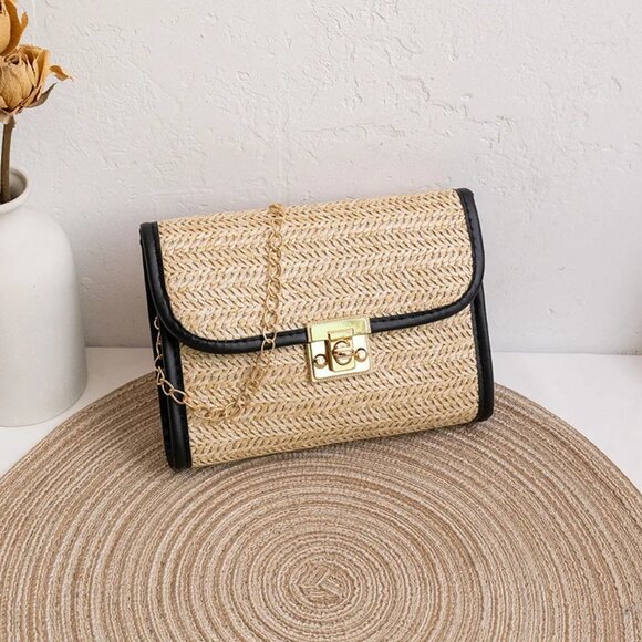 2/$30 Woven Small Crossbody Straw Bag Beige & Black Purse Clutch Gold Chain - Picture 1 of 9